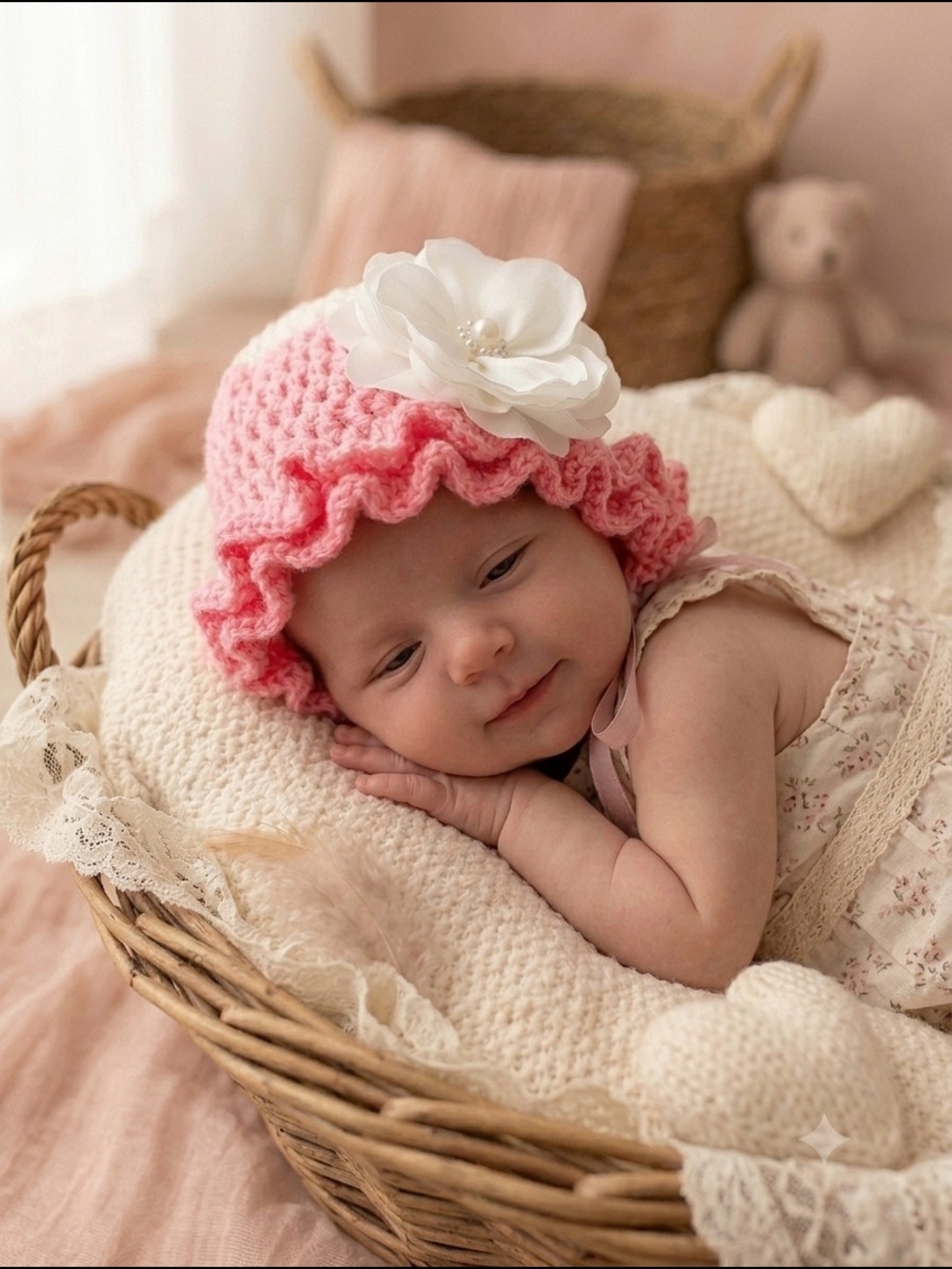 💞 Sweet Ruffles Hand-Crochet Newborn Bonnet